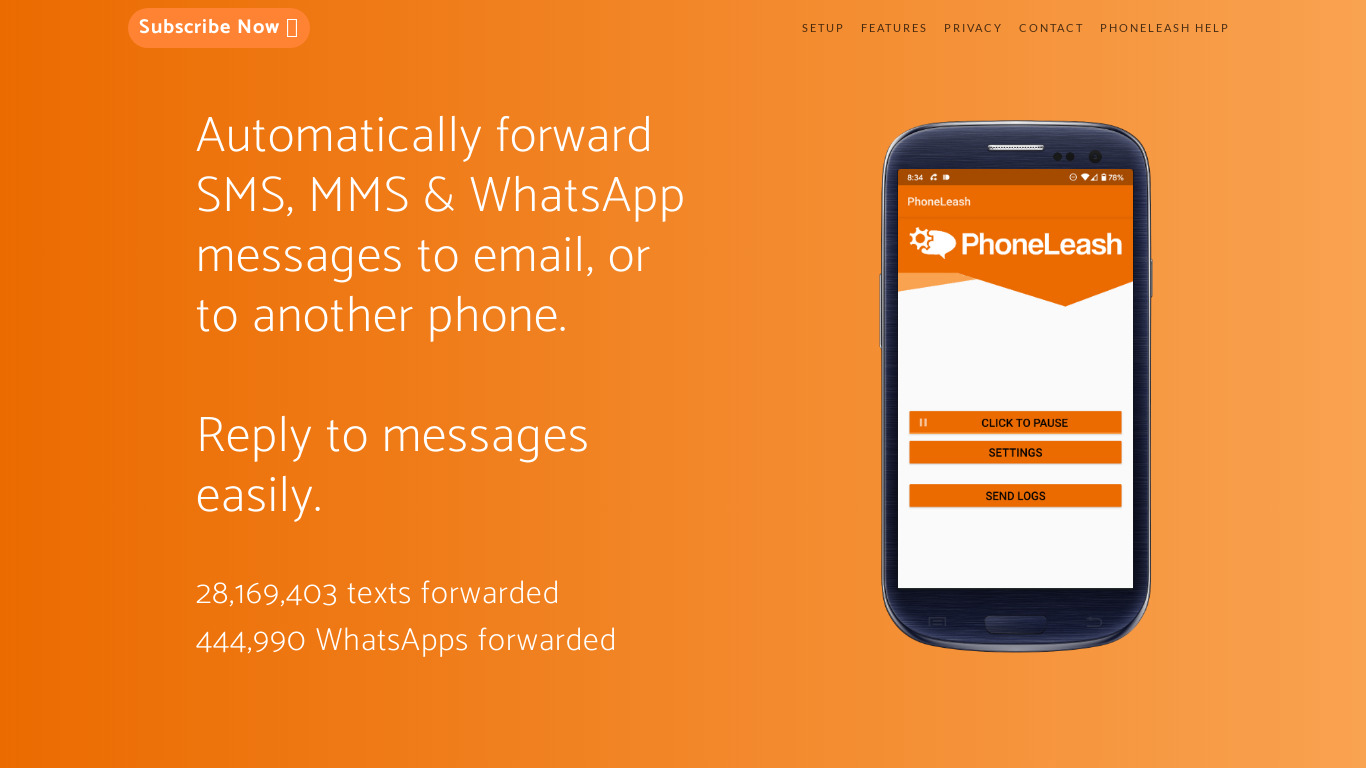 PhoneLeash: SMS/MMS forwarding Landing page