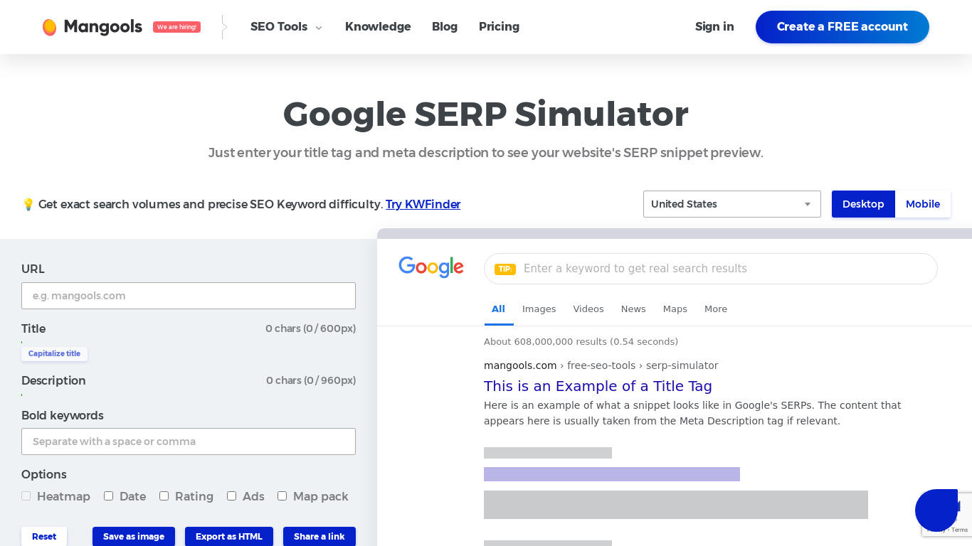 Free SERP Simulator by Mangools Landing page