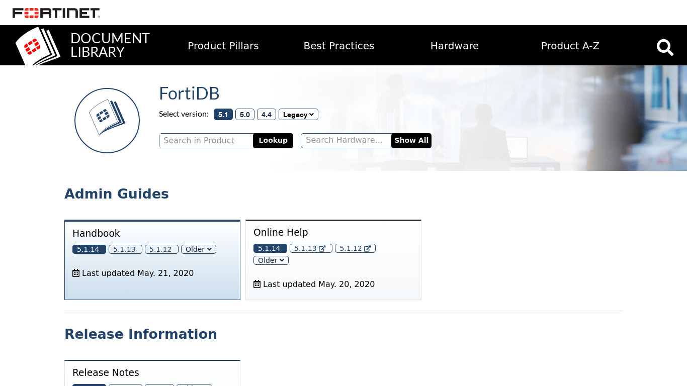 FortiDB Landing page