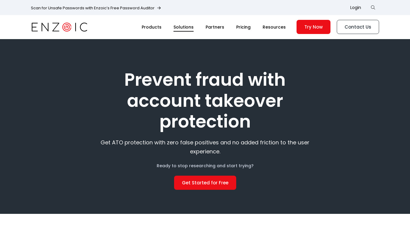 Enzoic Account Takeover Protection Landing page