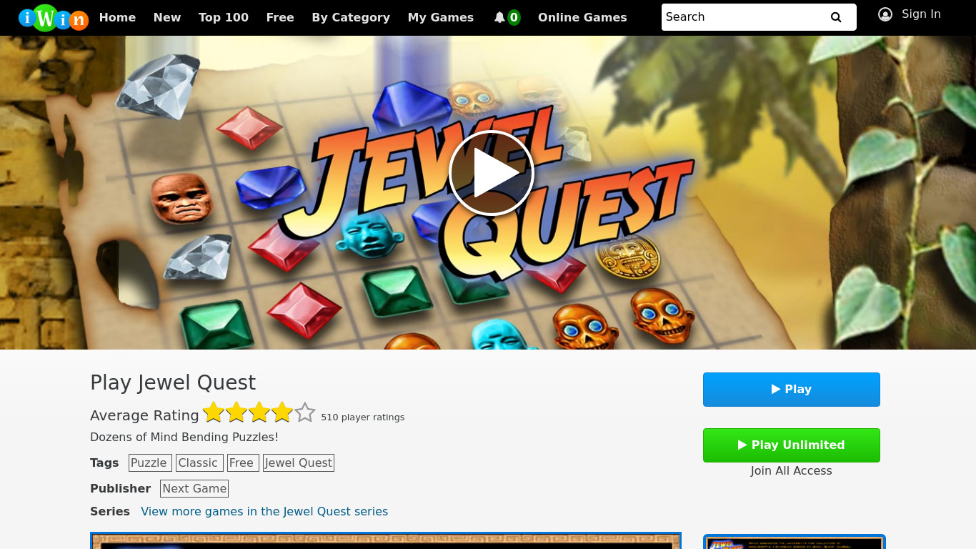 Jewel Quest Landing page