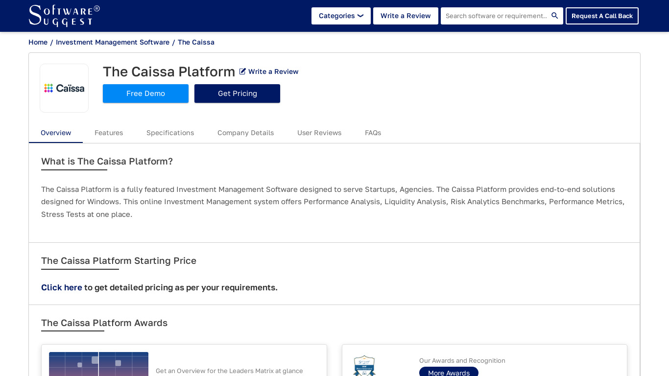 The Caissa Platform Landing page