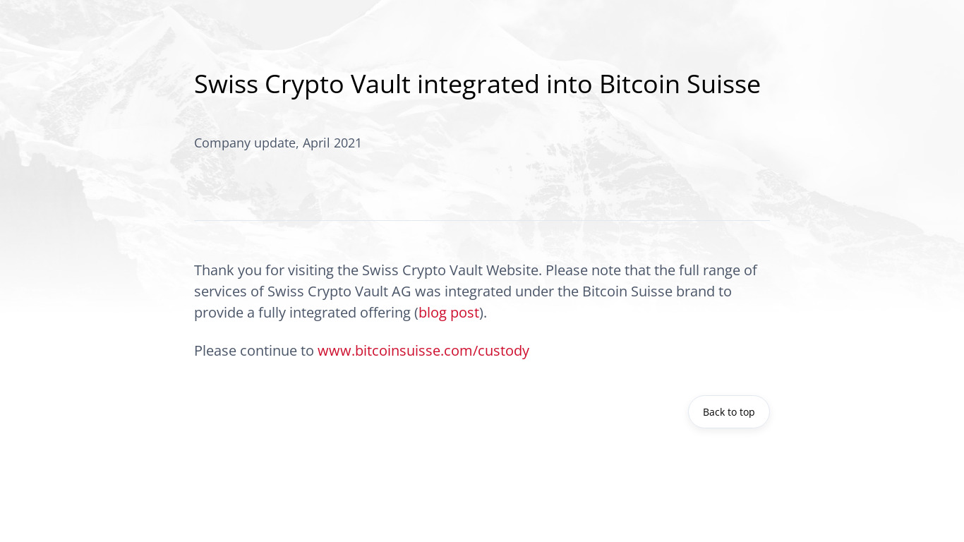Swiss Crypto Vault Landing page