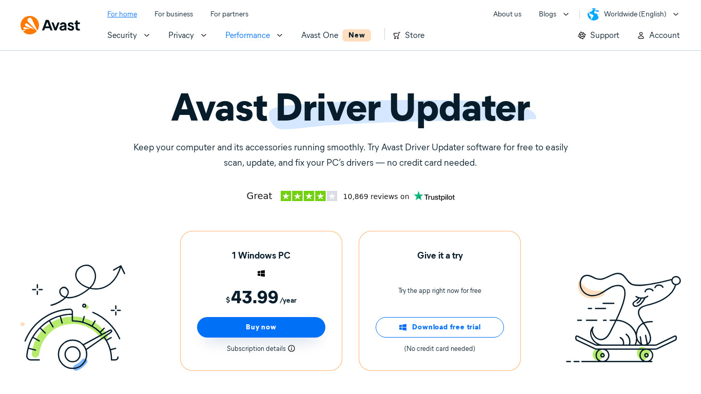 Avast Driver Updater Landing page