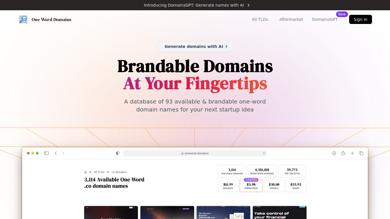 One Word Domains Landing page