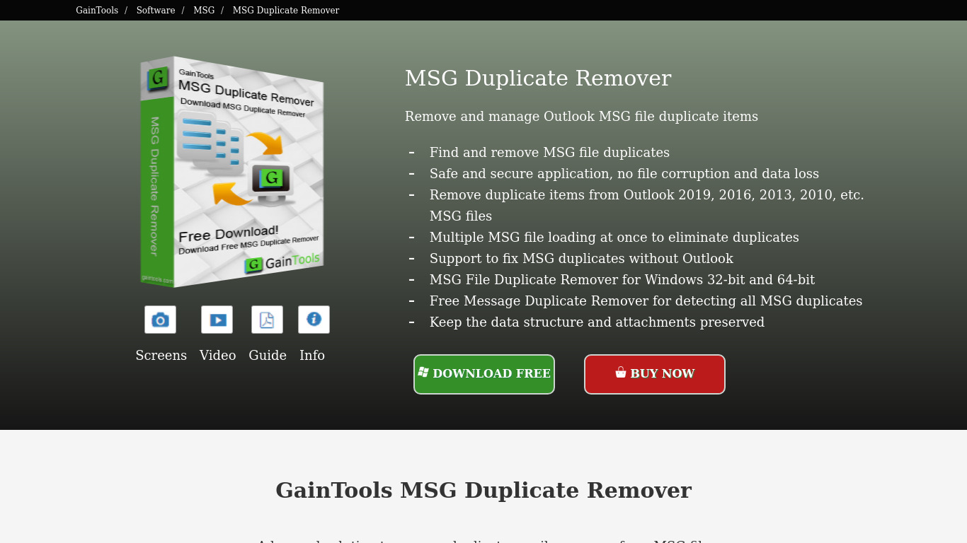 GainTools MSG Duplicate Remover Landing page