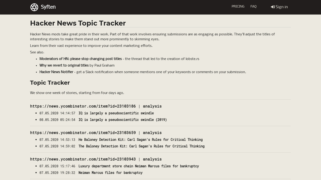 Hacker News Topic Tracker Landing page