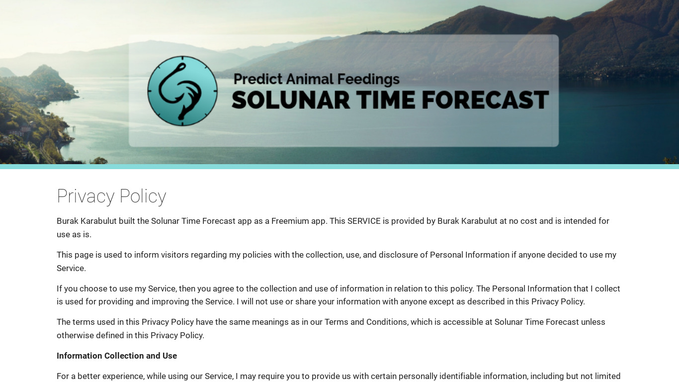Solunar Time Forecast Landing page
