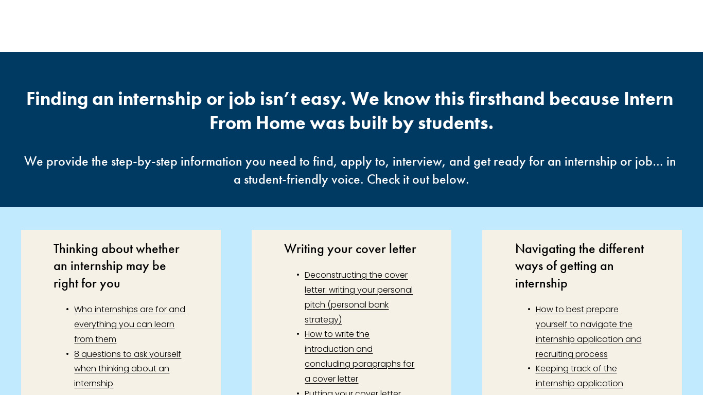 Intern From Home Landing page