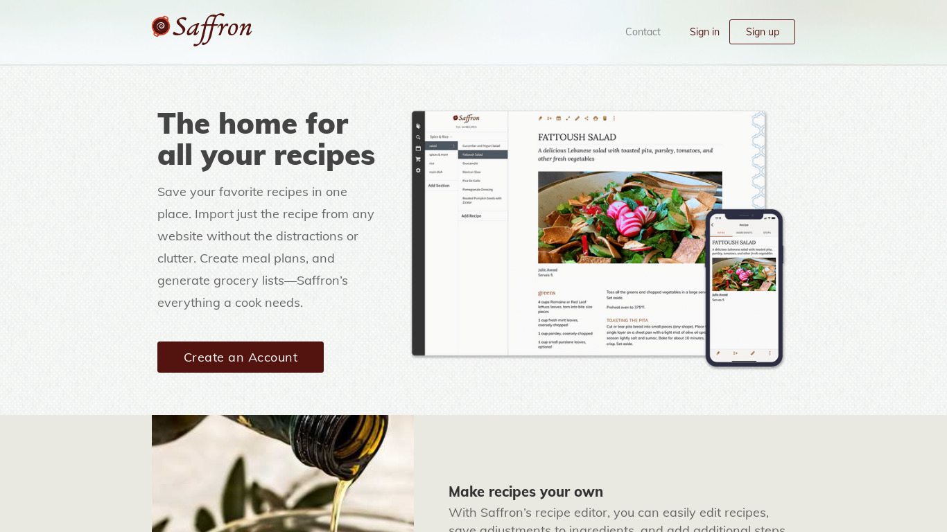 Saffron Cooking App Landing page