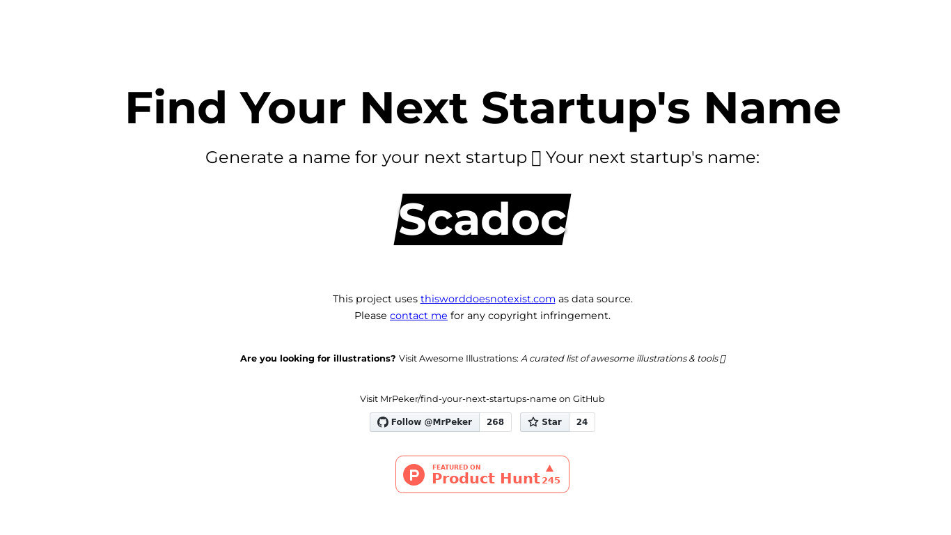 Find Your Next Startup's Name Landing page