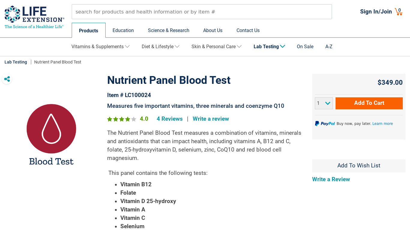 Nutrient-Panel+ Landing page