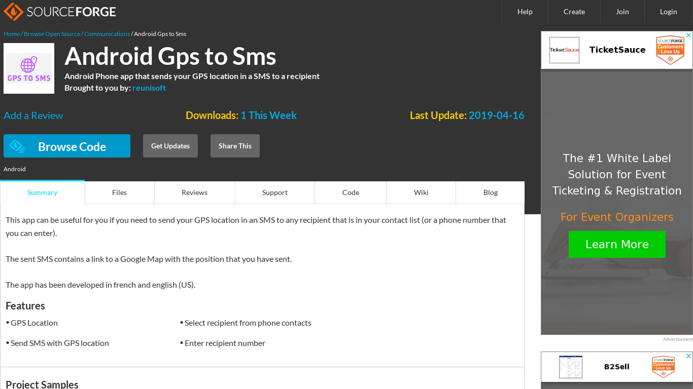 Android GPS to SMS Landing page