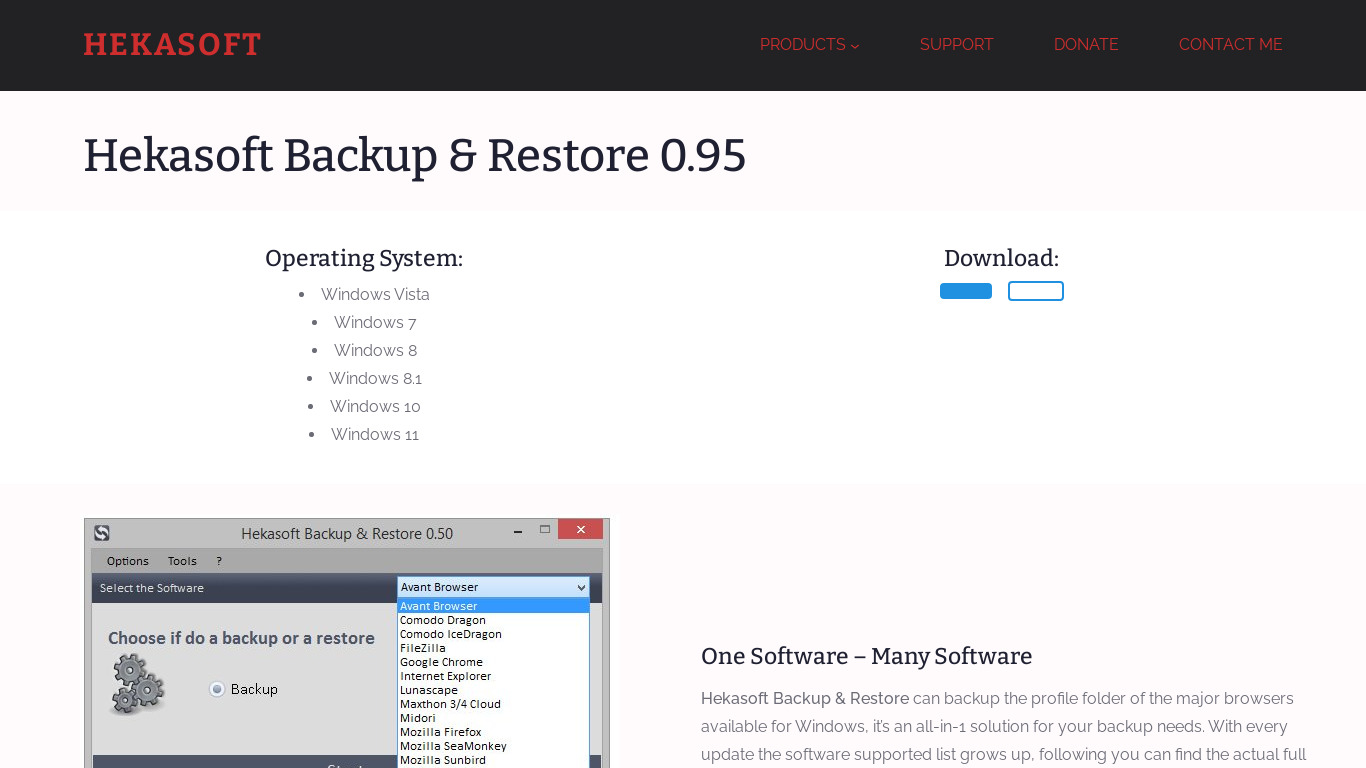 Hekasoft Backup & Restore Landing page