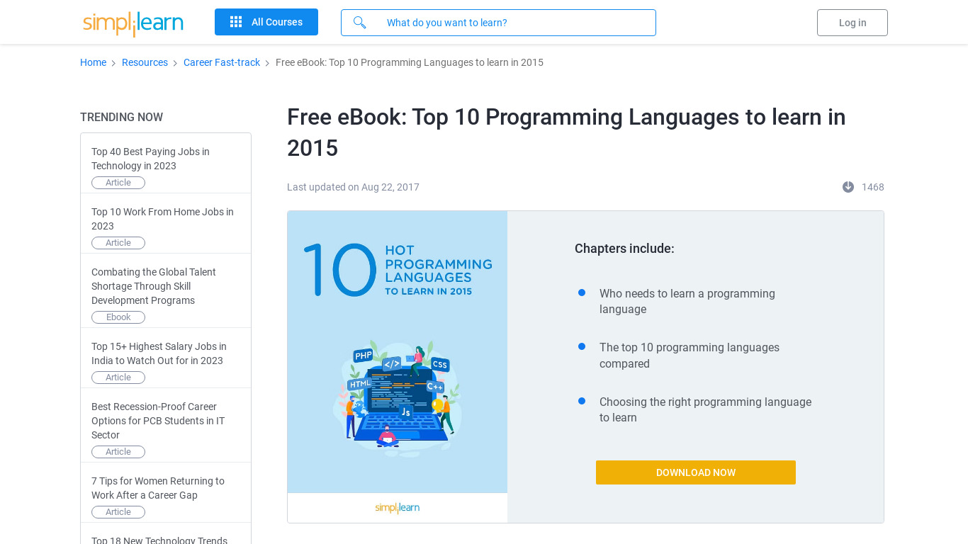 Top 10 Programming Languages Landing page