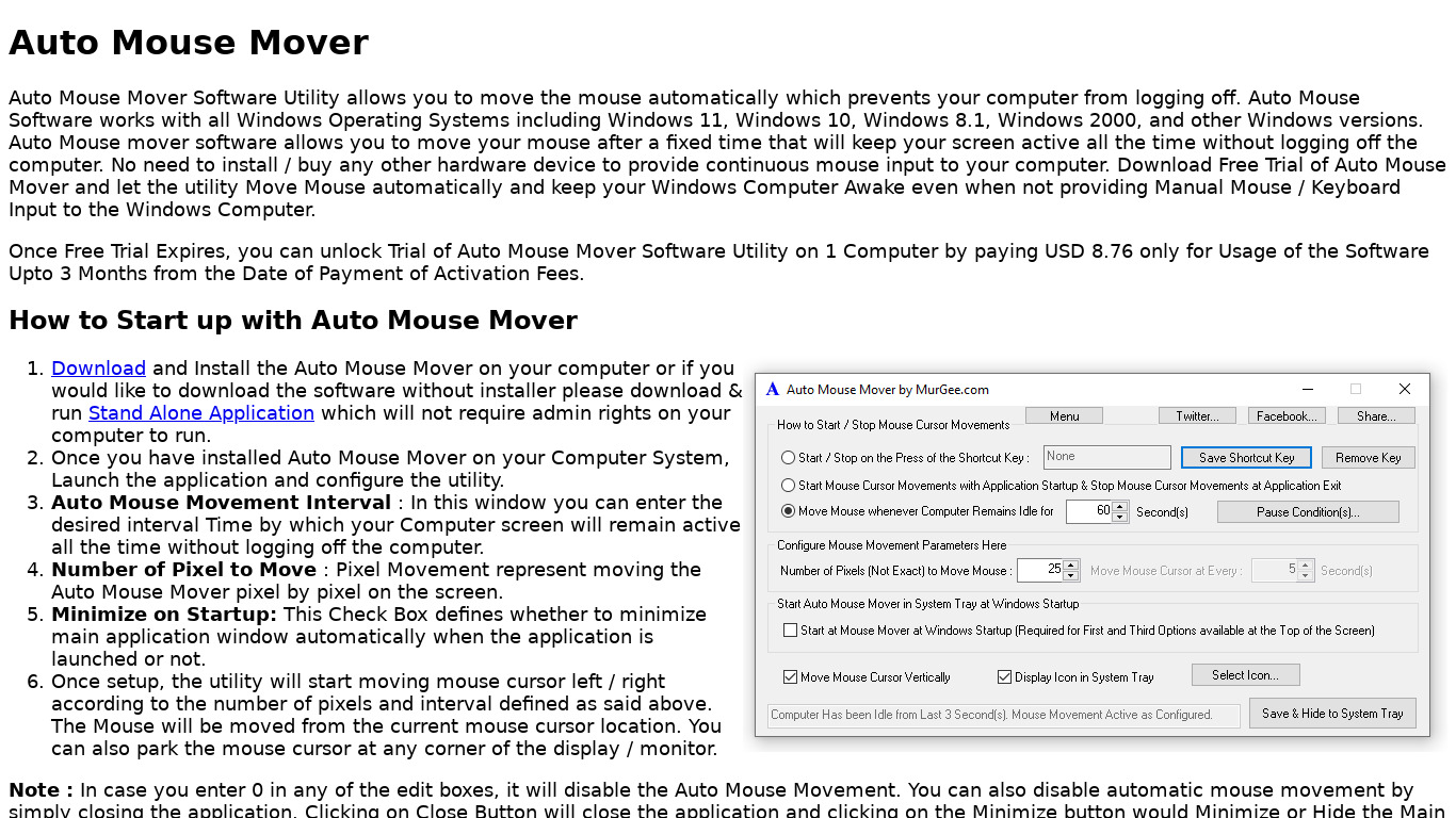 Auto Mouse Mover Landing page