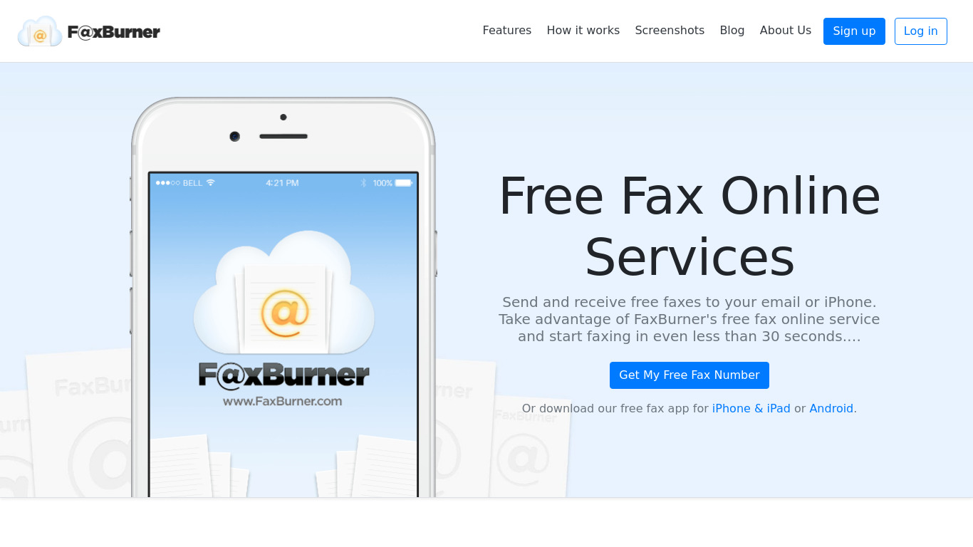 FaxBurner Landing page