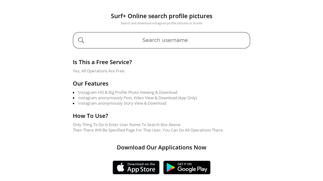 Surf+ for Instagram Landing page