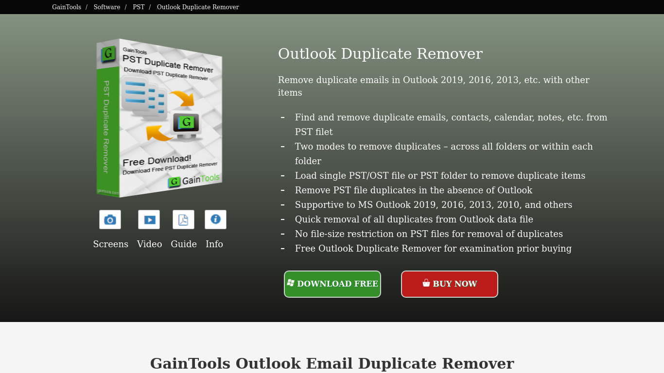GainTools Outlook Duplicate Remover Landing page
