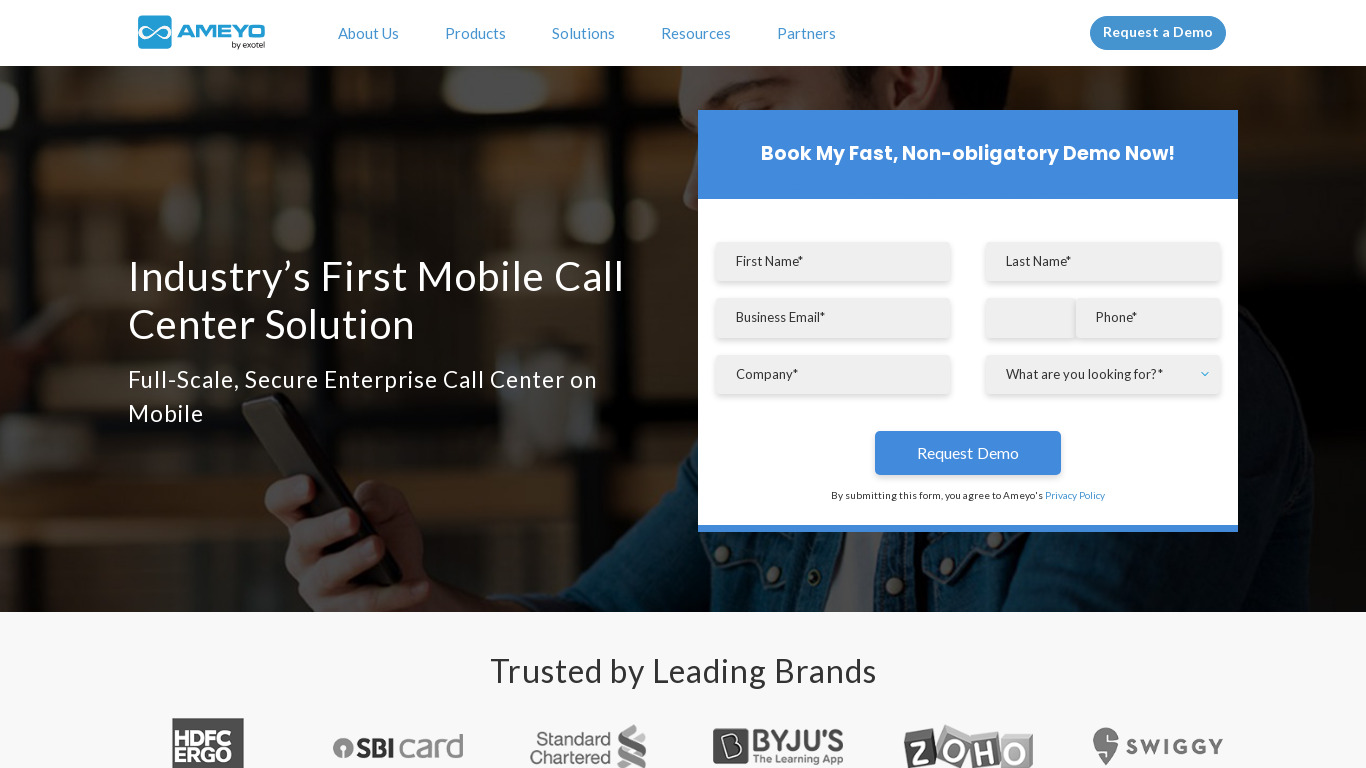 Ameyo Mobile Call Center Solution Landing page
