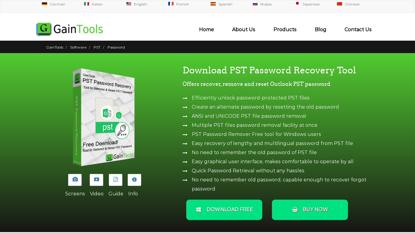 GainTools PST Password Recovery Landing page