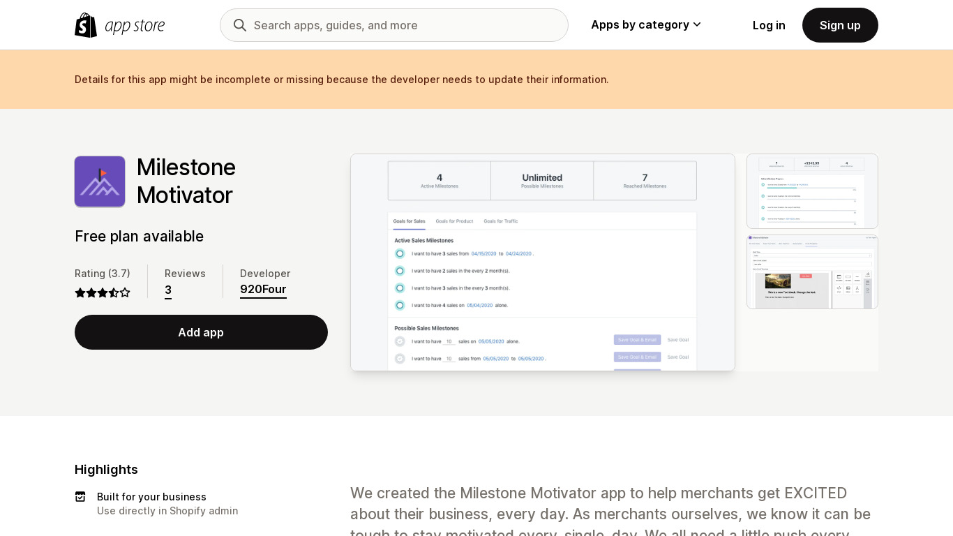 Milestone Motivator Shopify App Landing page