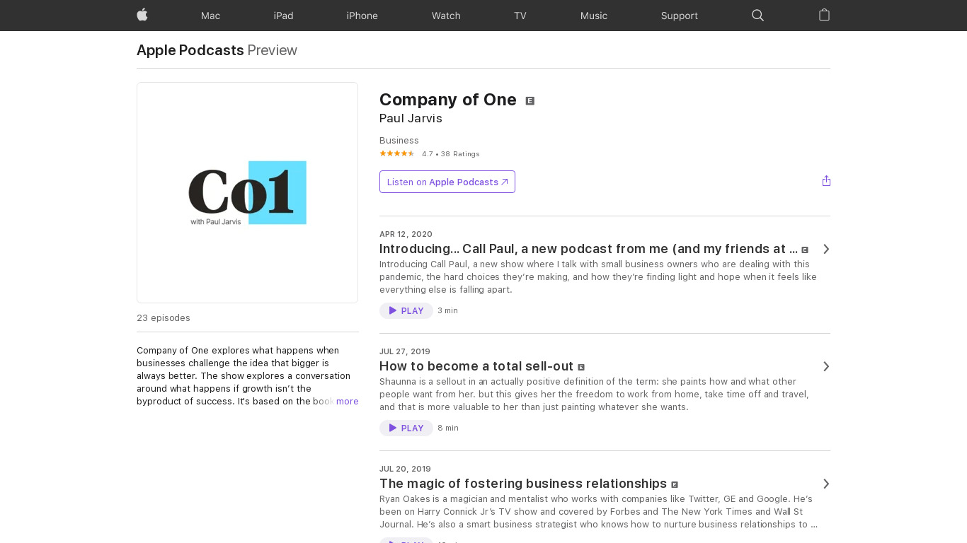 Company of One Podcast Landing page