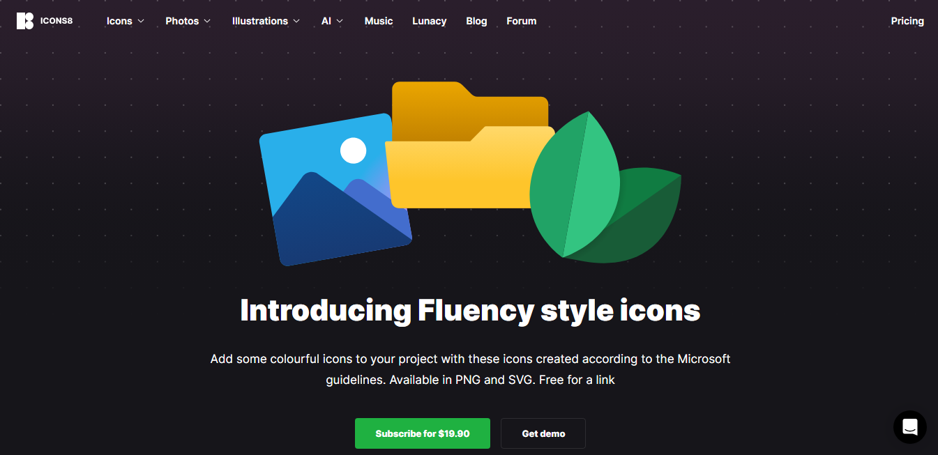 Fluent Icons by Icons8 Landing page