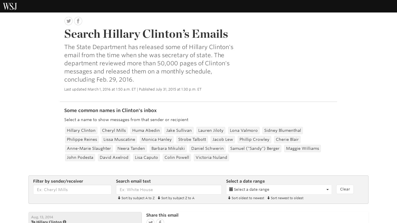 Search Hillary Clinton’s Emails Landing page