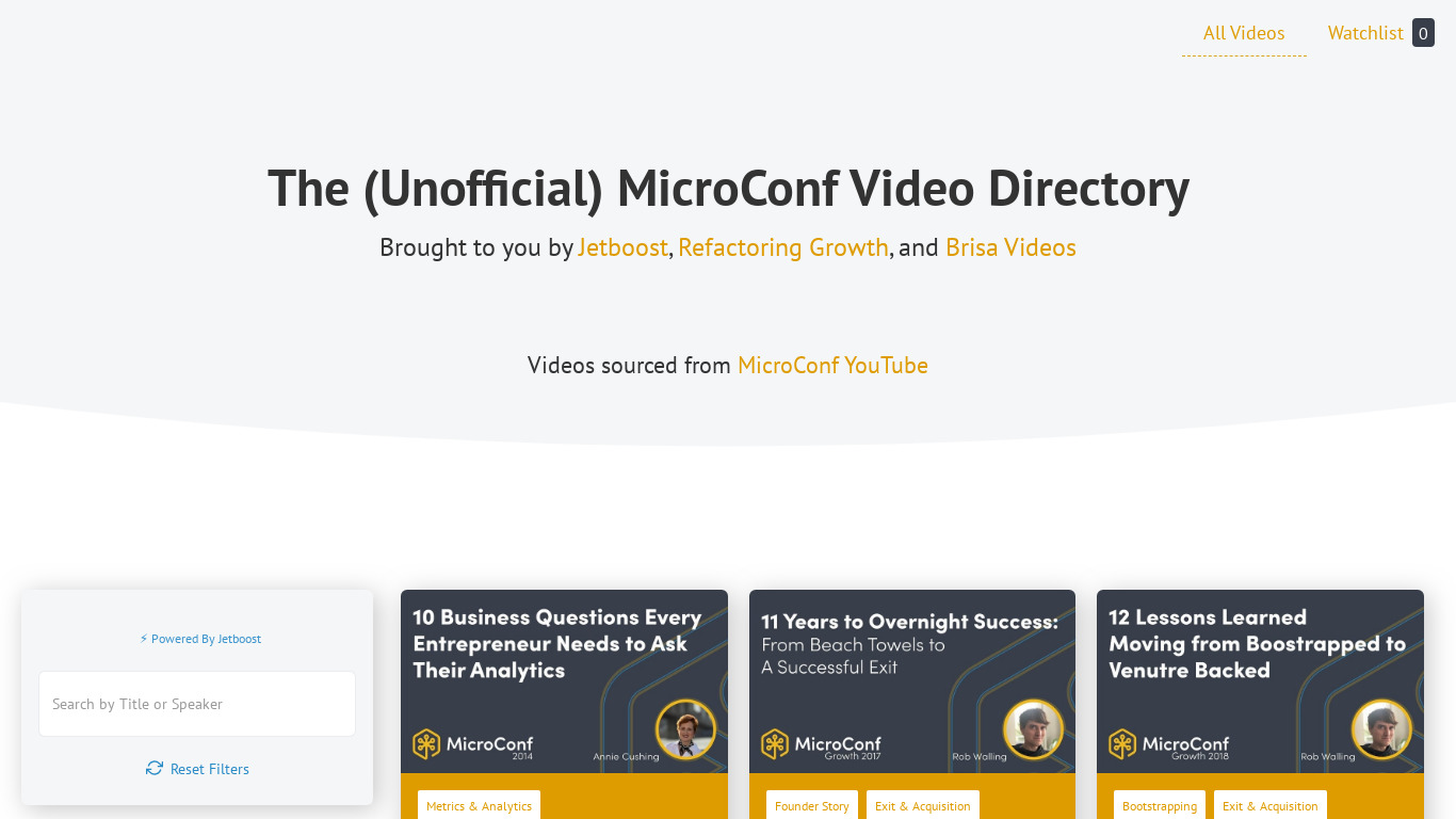 The Unofficial MicroConf Video Directory Landing page