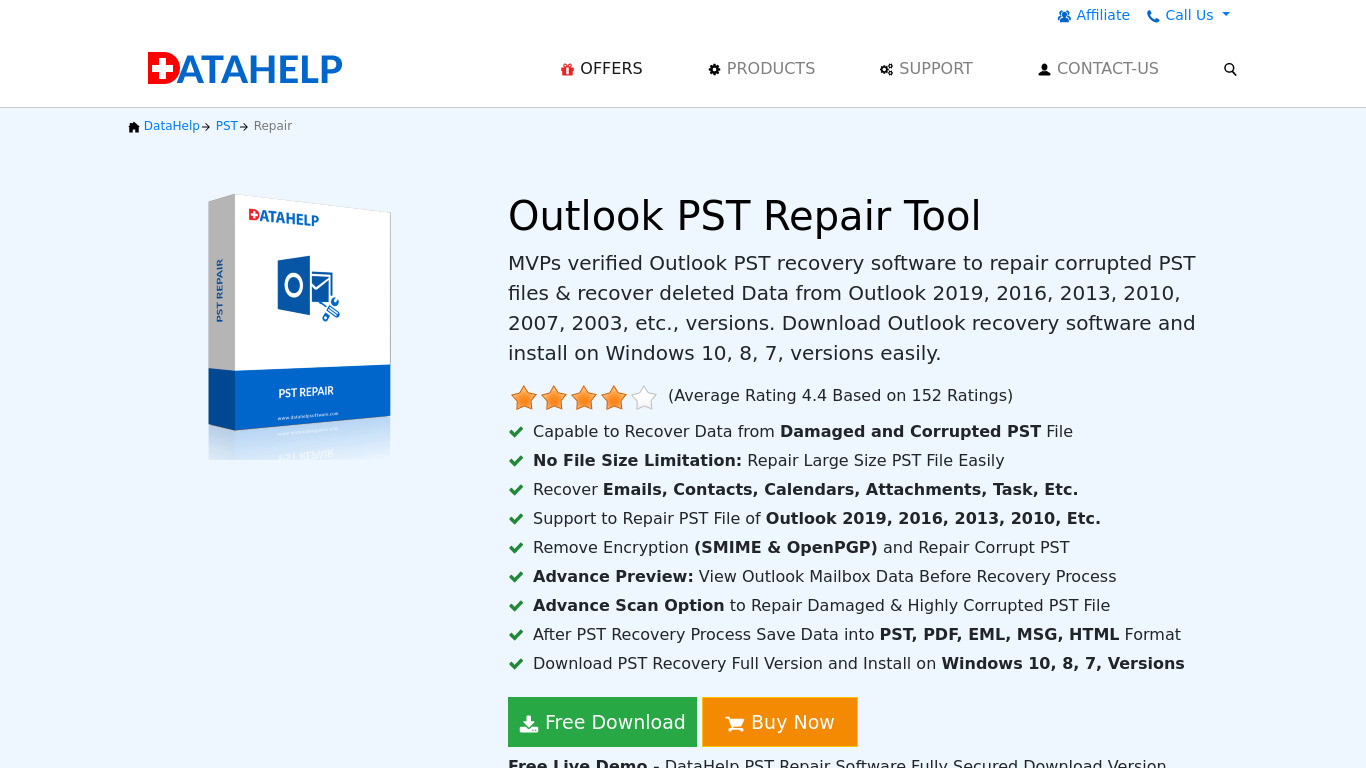 DataHelp PST Repair Tool Landing page