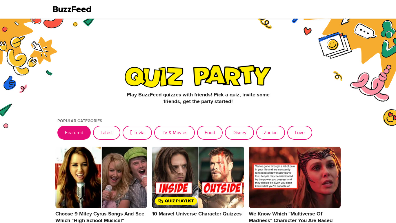 BuzzFeed Quiz Party Landing page