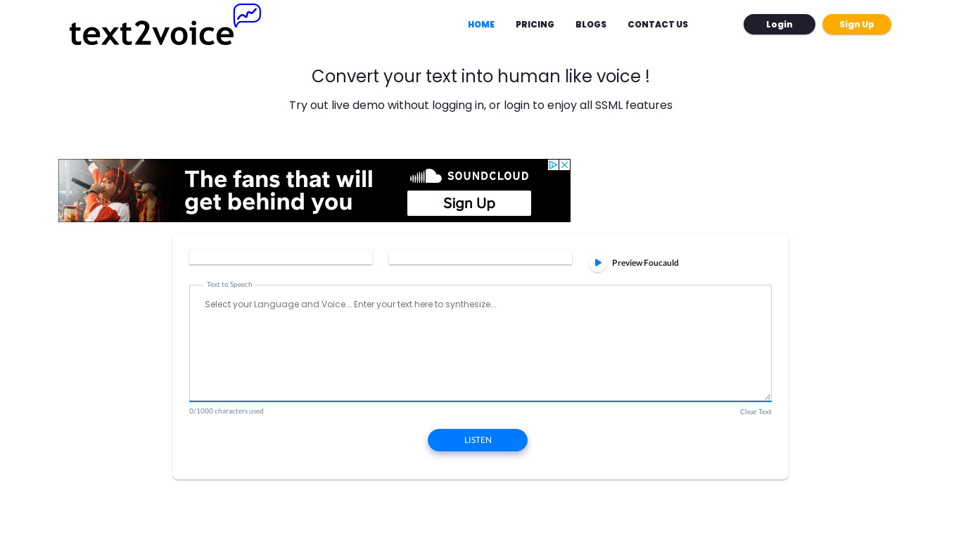 Text 2 Voice Landing page