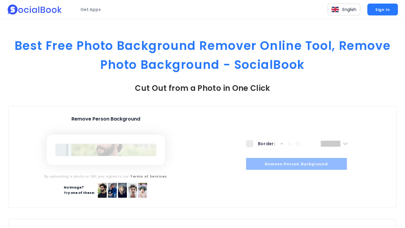 SocialBook Background Remover Landing page