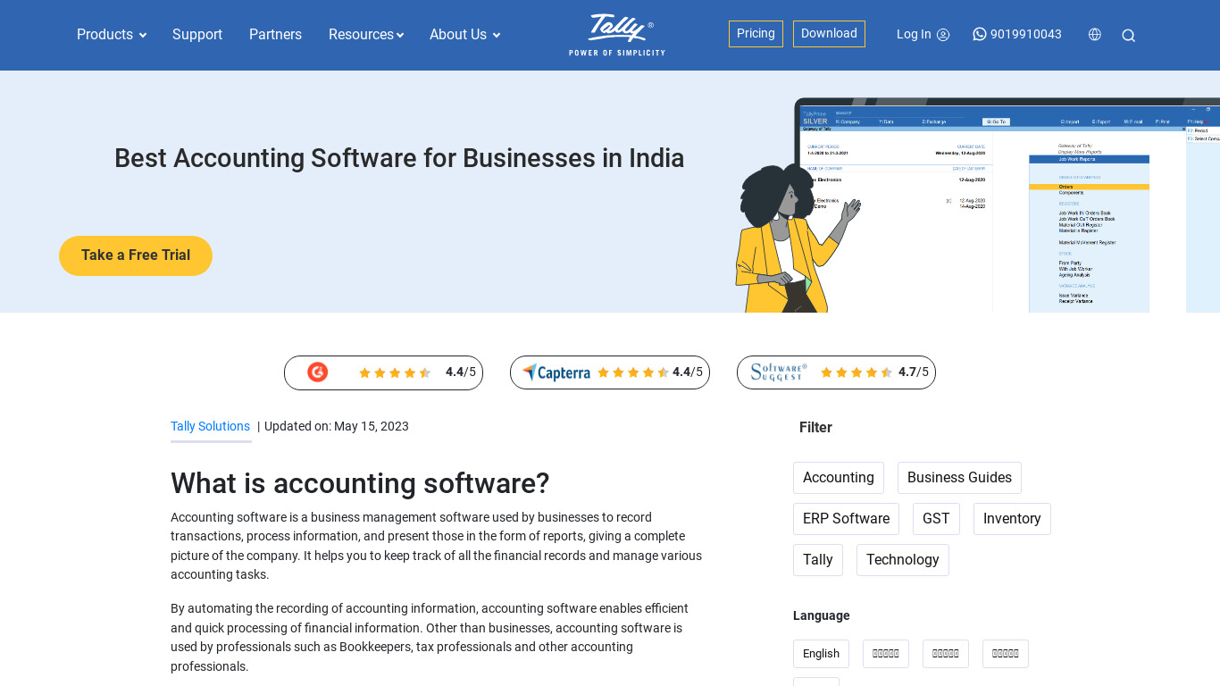 Tally Accounting Software Landing page