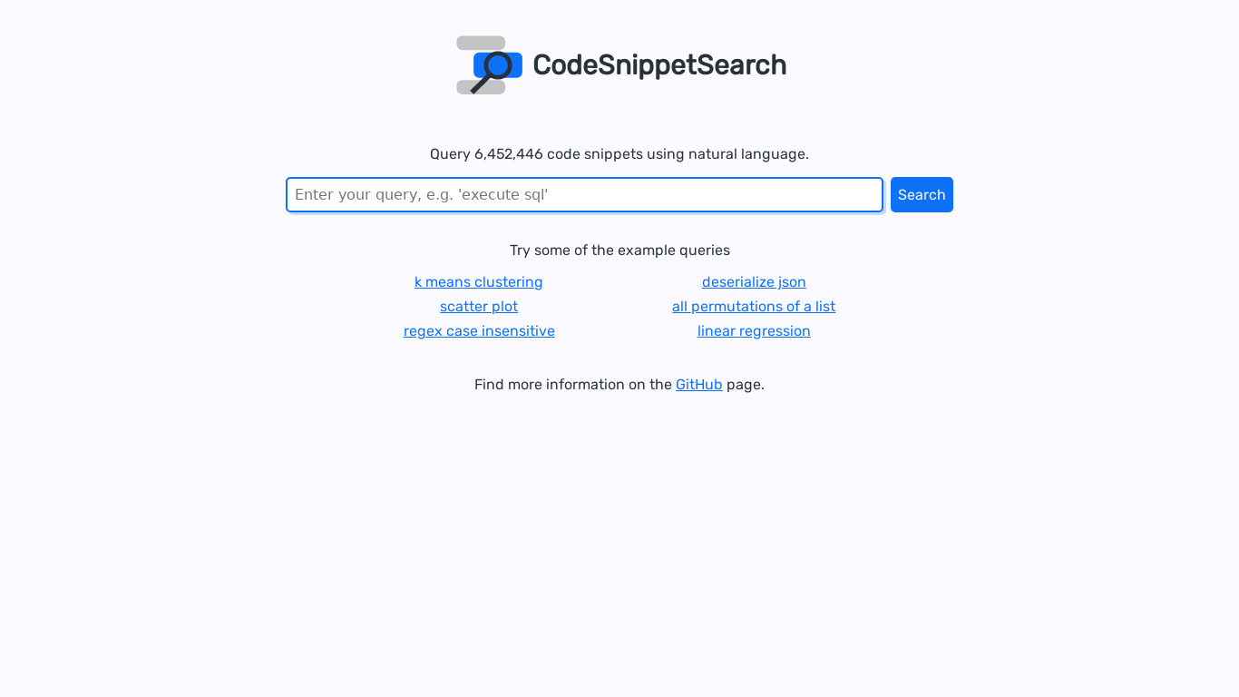 CodeSnippetSearch Landing page