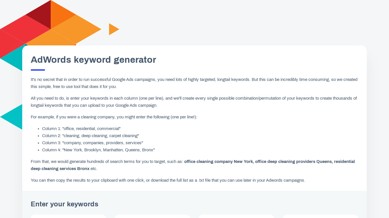 AdWords Keyword Generator Landing page