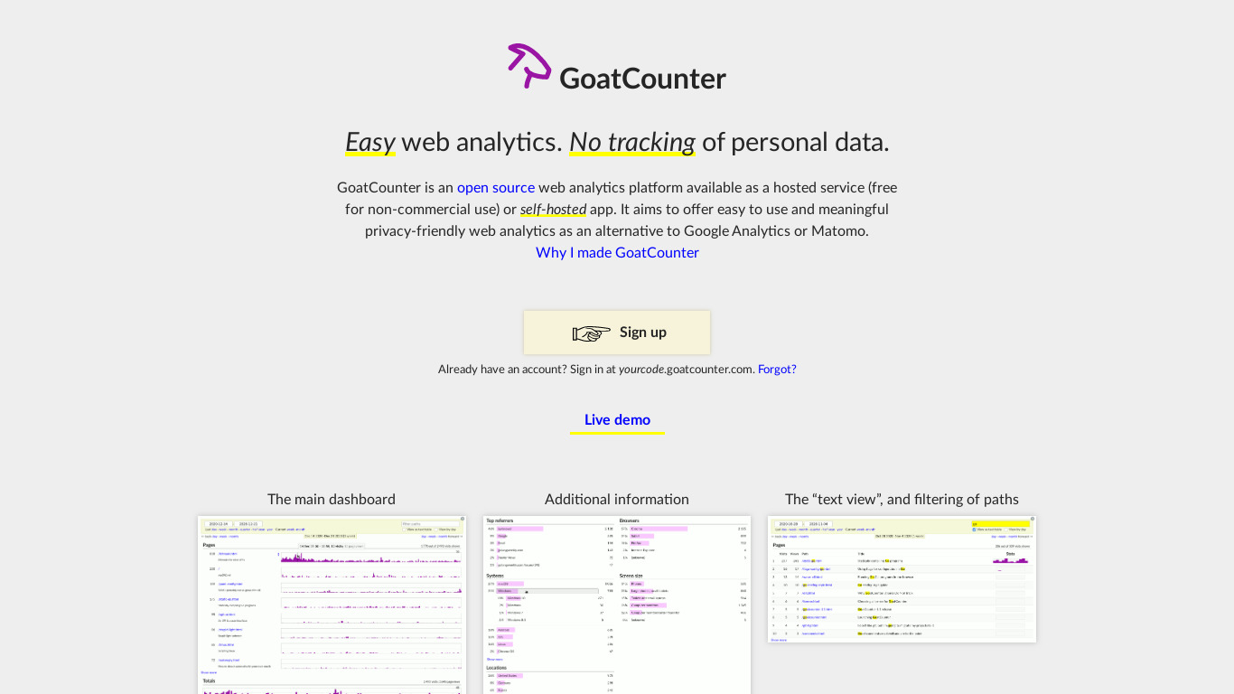 GoatCounter Landing page