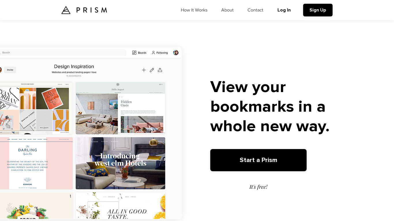 Prism - Visual bookmarks Landing page