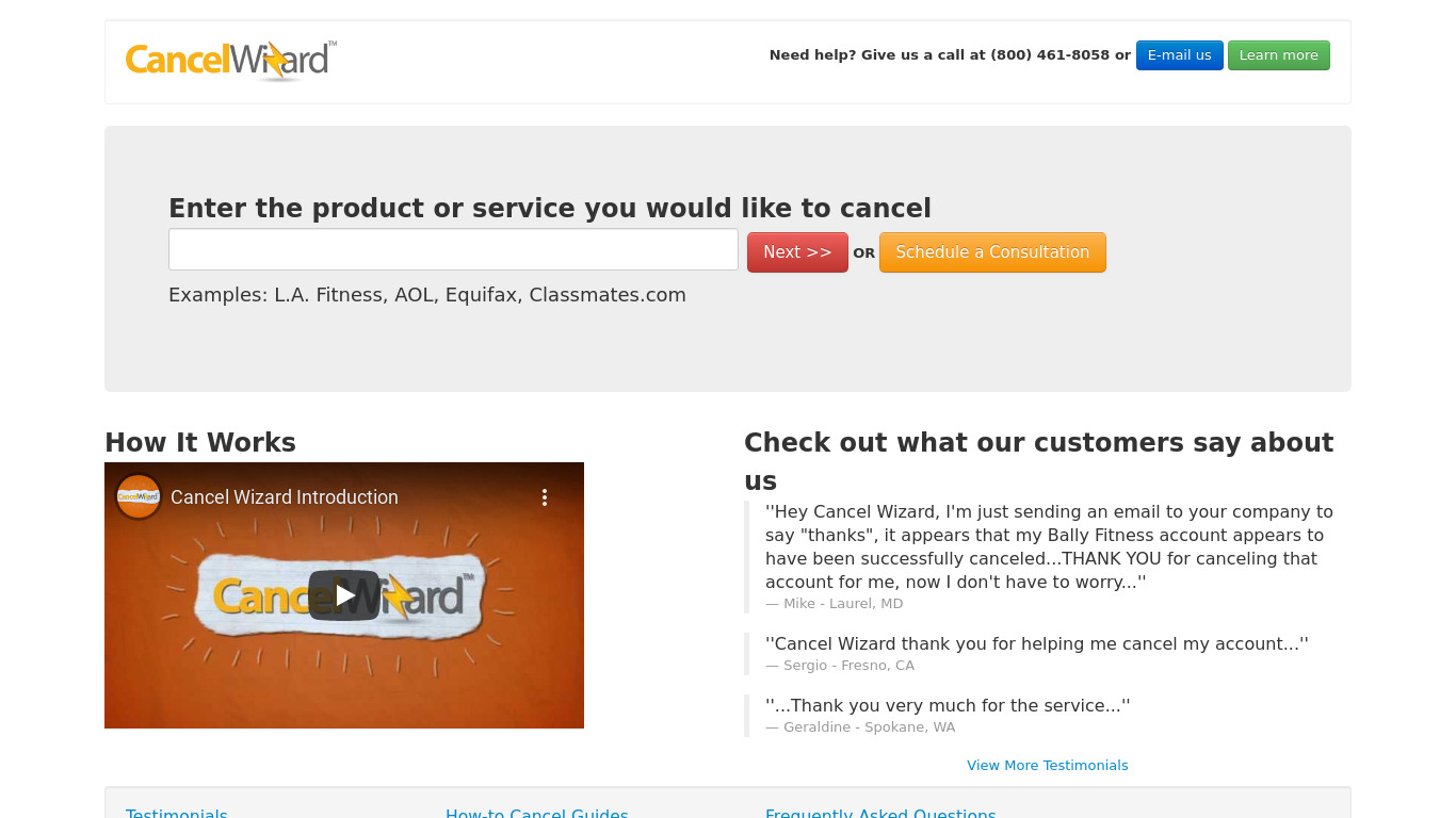 CancelWizard Landing page