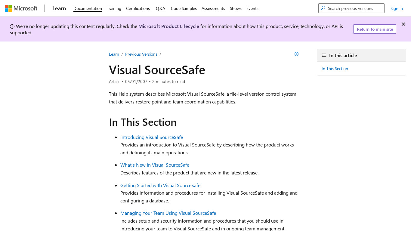 Visual SourceSafe Landing page