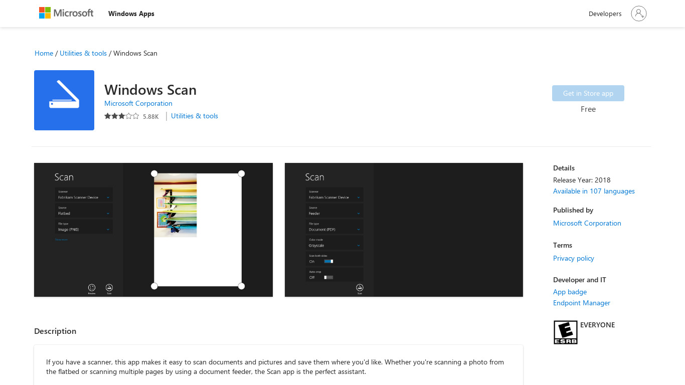 Windows Scan Landing page