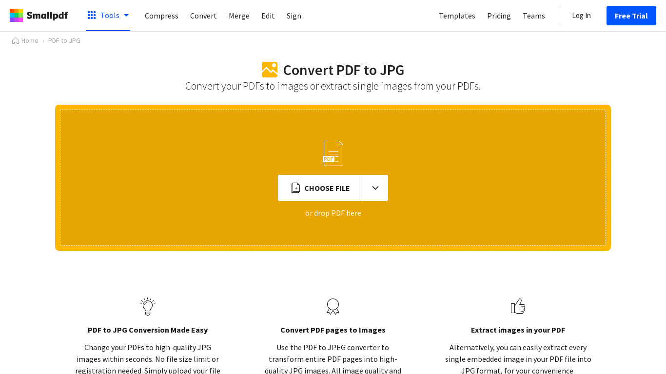 PDF to JPG (by SmallPDF) Landing page