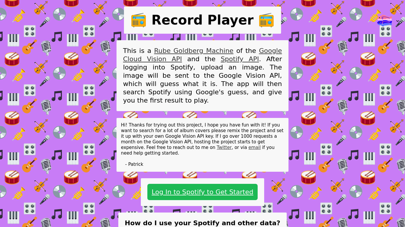 Record Player Landing page