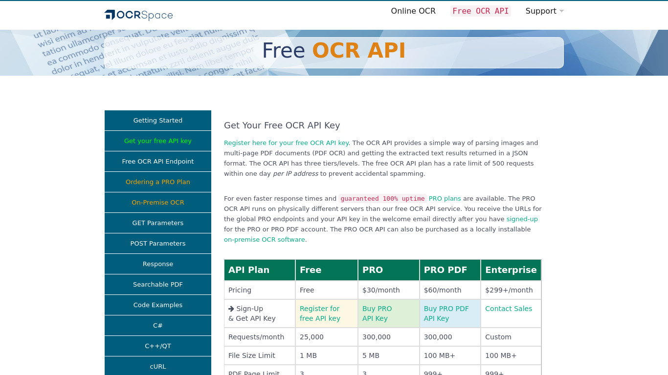 OCR.Space Free OCR API Landing page