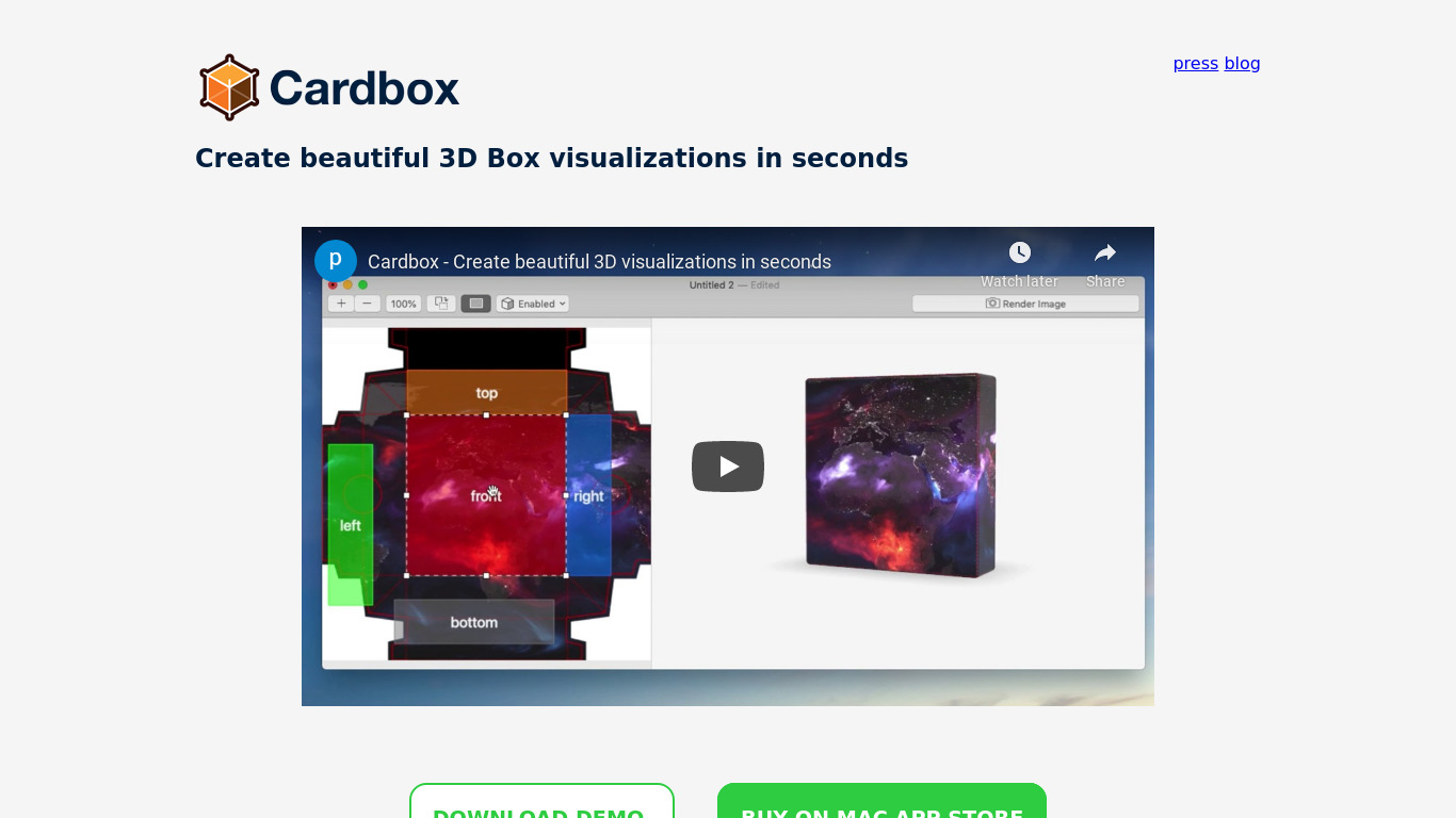 Cardbox - 3D Box Visualization Landing page