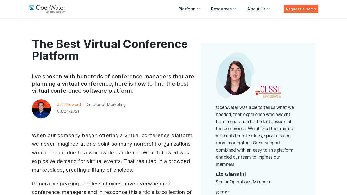 OpenWater Virtual Conference Landing page