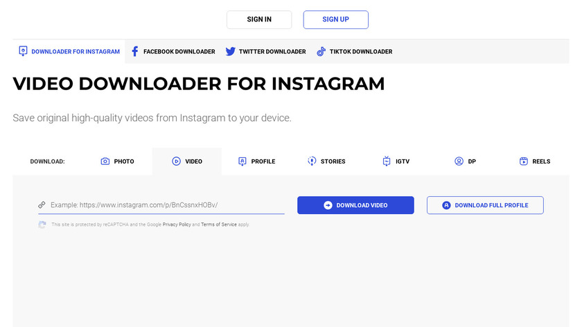 Inflact Video Downloader For instagram Landing Page