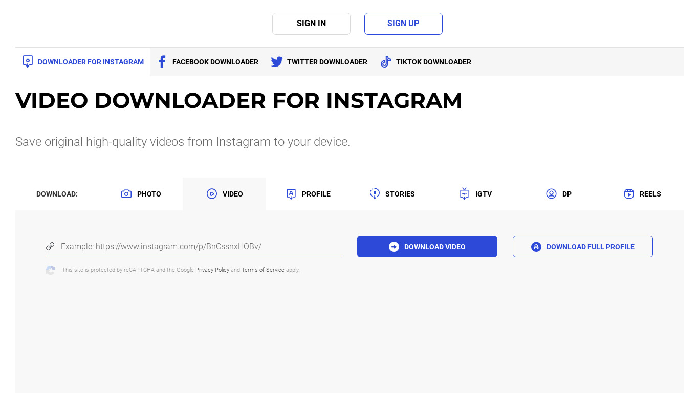 Inflact Video Downloader For instagram Landing page