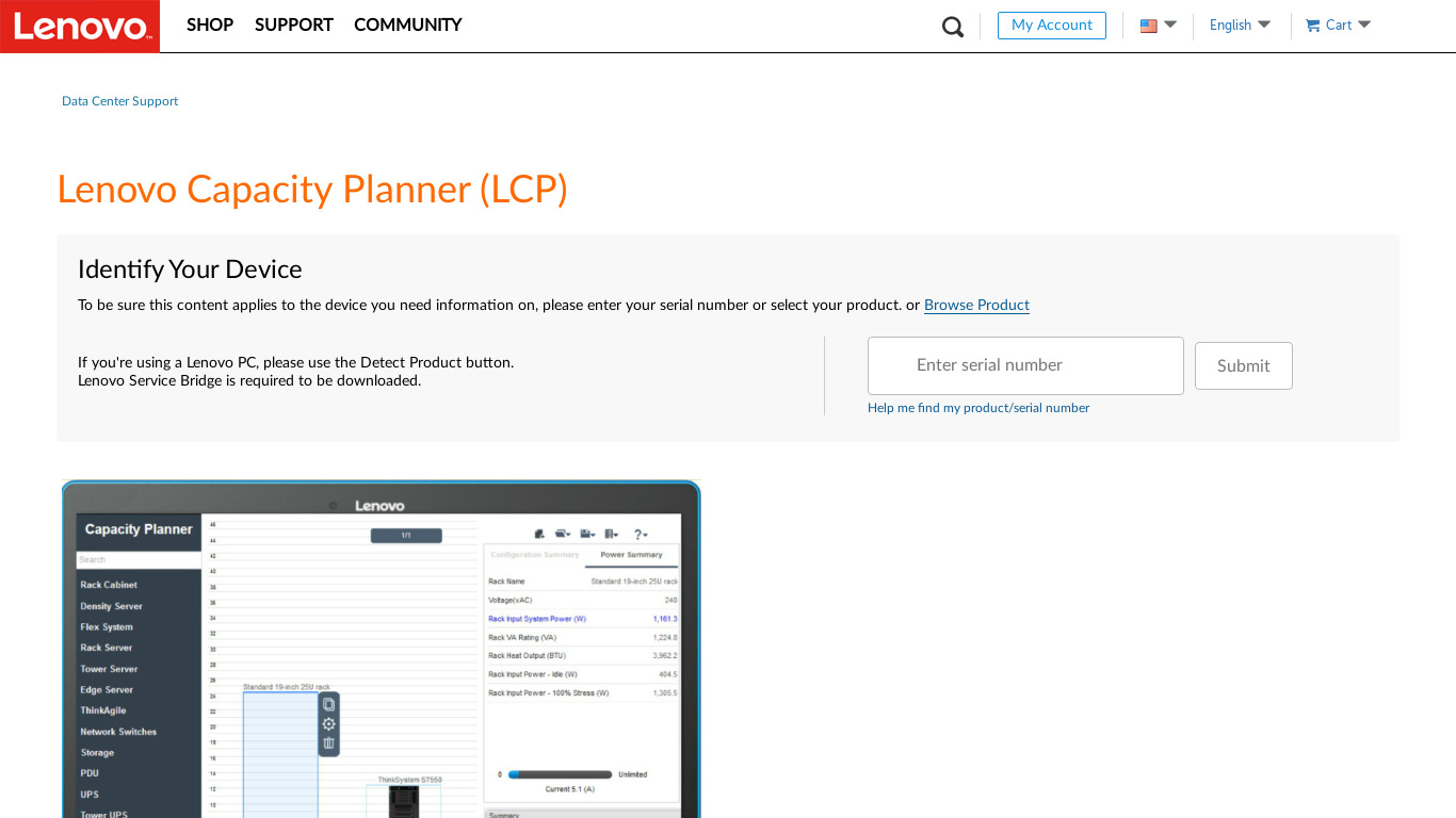 Lenovo Capacity Planner (LCP) Landing page